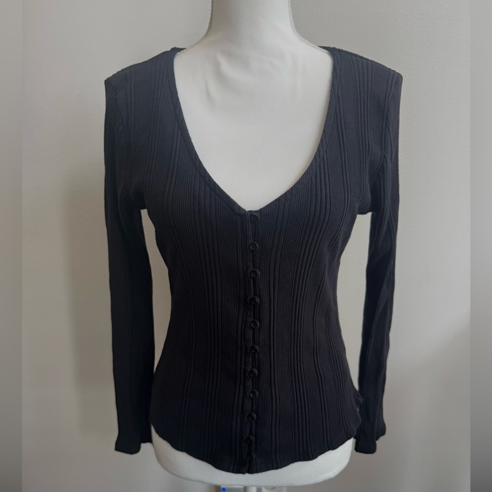 Anthropologie Black Ribbed Button Front Cardigan Top Women's Large Preppy
